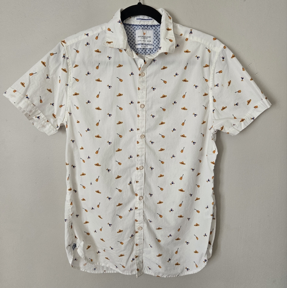 Denim & Flower White Shirt with Orange and Blue Pattern